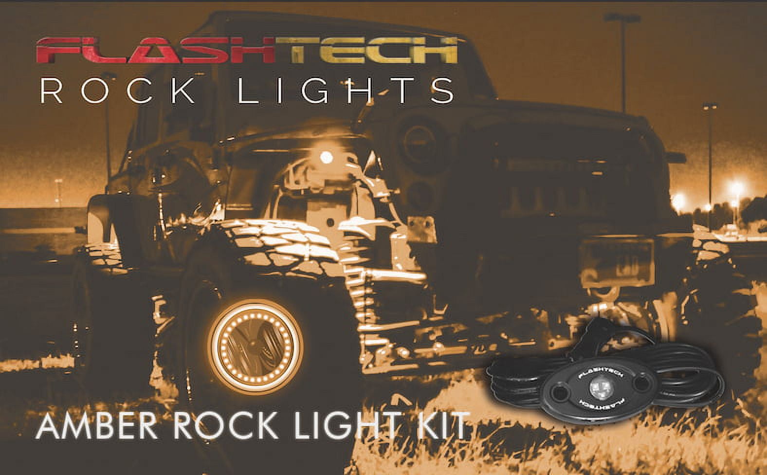 Flashtech 4 Pod LED Rock Lights Kit with Controller Underglow LED Neon Light Kit for Jeep Off Road Trucks ATV SUV Boat - Amber