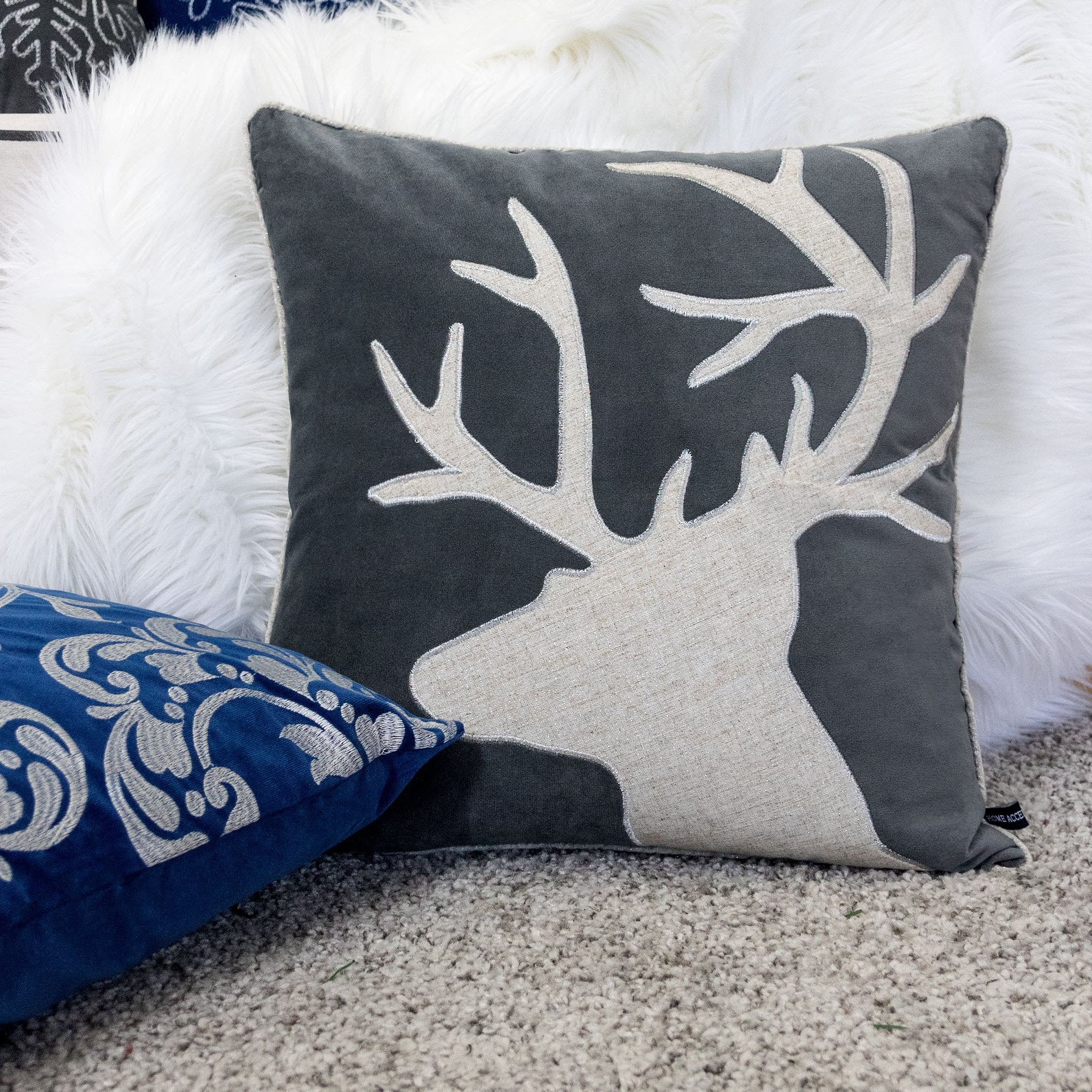 Reindeer Gray Animal Print Polyester 20 in. x 20 in. Throw Pillow