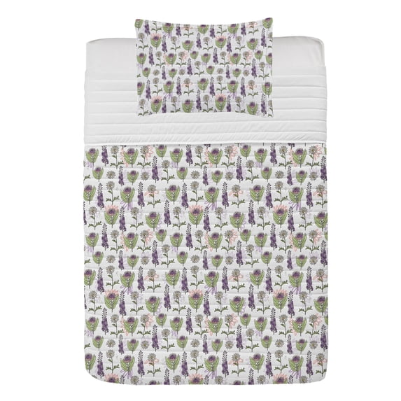 Daisy Flowers Microfiber Bedspread Set, Botanical Branches Romance of the Petals Continuous Illustration, Soft Bedding Set with Pillow Shams & Comforter, 3 Sizes, White and Blue Violet, by Ambesonne