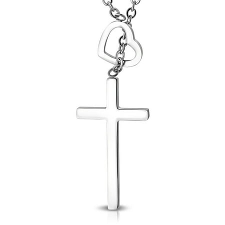 - Stainless Steel Interlocking Open Love Heart Minimalist Cross Charm Link Chain Necklace Pendant