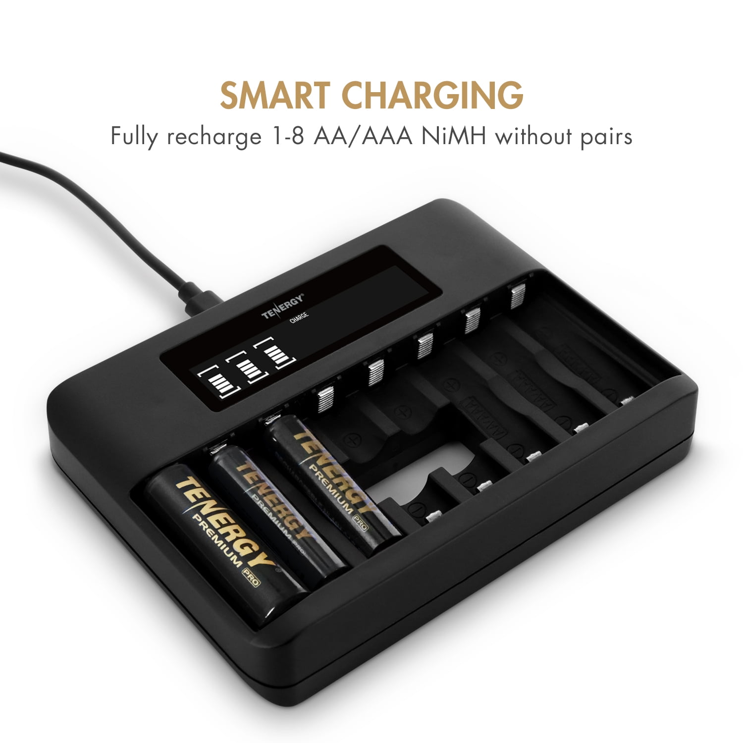 Tenergy TN480U 8-Bay LCD Fast Charger with 8 Pack AA Premium PRO Rechargeable Batteries