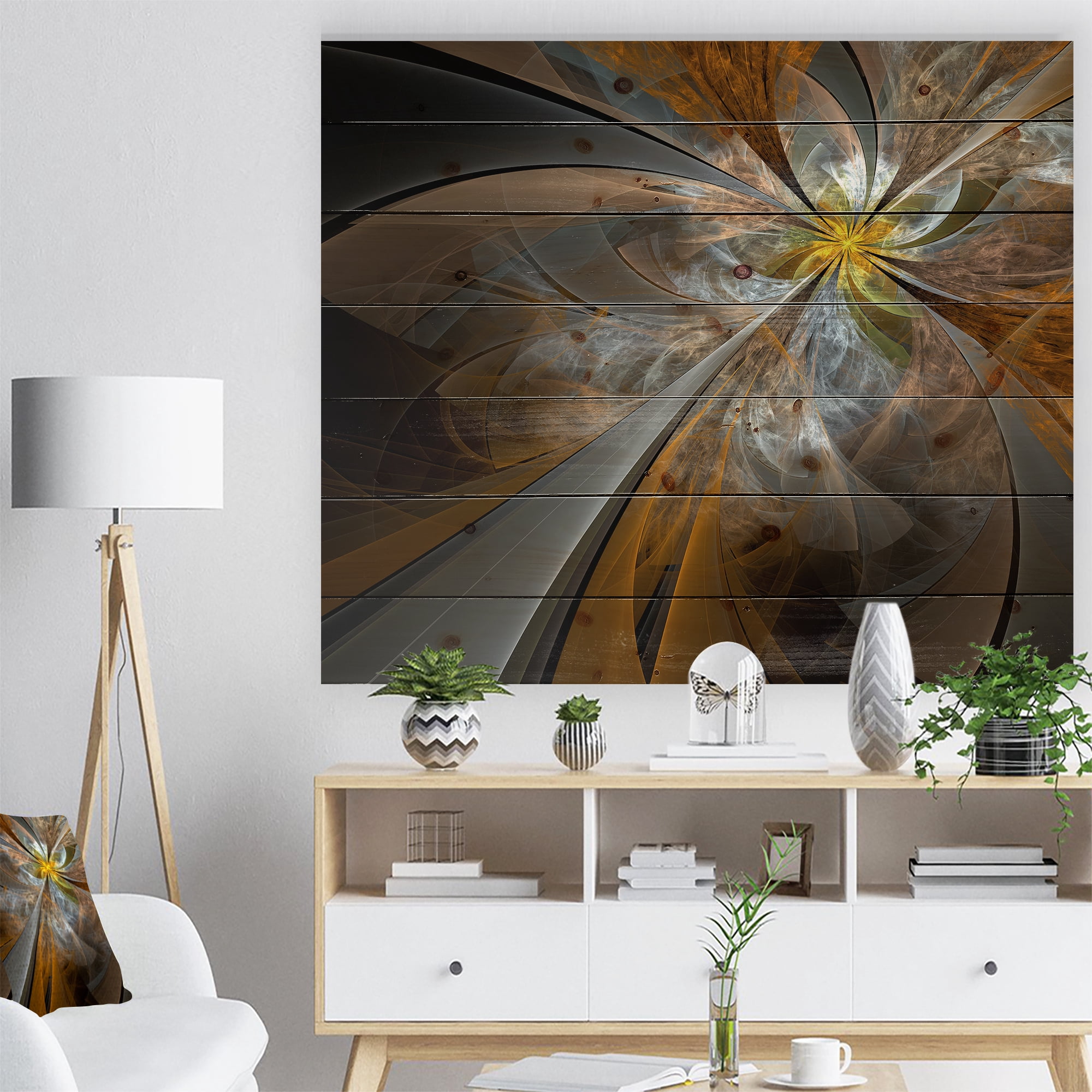 Designart Symmetrical Yellow Fractal Flower Floral Print on Natural Pine Wood Art Print, 40" x 30"