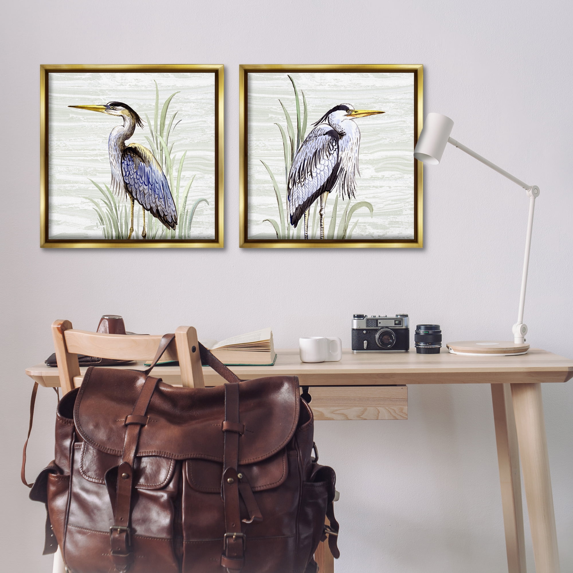 Stupell Industries Coastal Birds on Birch Animals Painting Gold Floater Framed Canvas Art Print Wall Art, 25 x 25, Set of 2