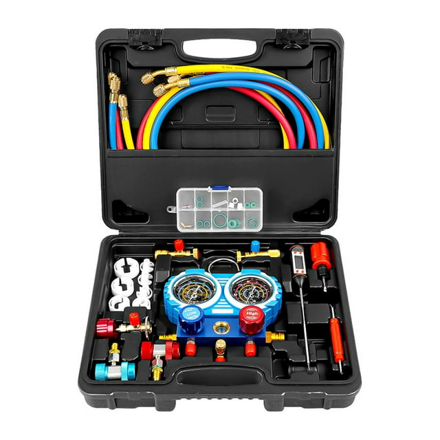 Zootealy Automotive Air Conditioning Refrigerant Flushing Tool Kit with Dual Meter, Fluoridation Pipes, Filling Connectors, Bottle Opener, Thermometer, Tools Set, Spare Parts Box, Storage Box