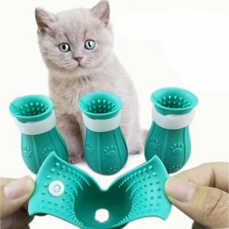 4Pcs Cat Anti-Scratch Boots  Silicone Beauty and Soft Bath Foot Cover  Adjustable Cat Claw Protector Shoes  Suitable for Home Bathing (Blue)
