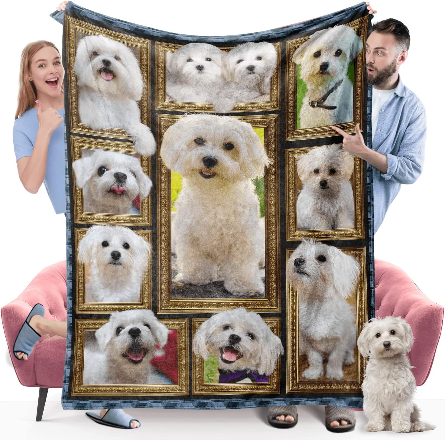 Maltese Dog Blanket, Fleece Throw Blanket for Couch Bed, Soft Cozy Warm