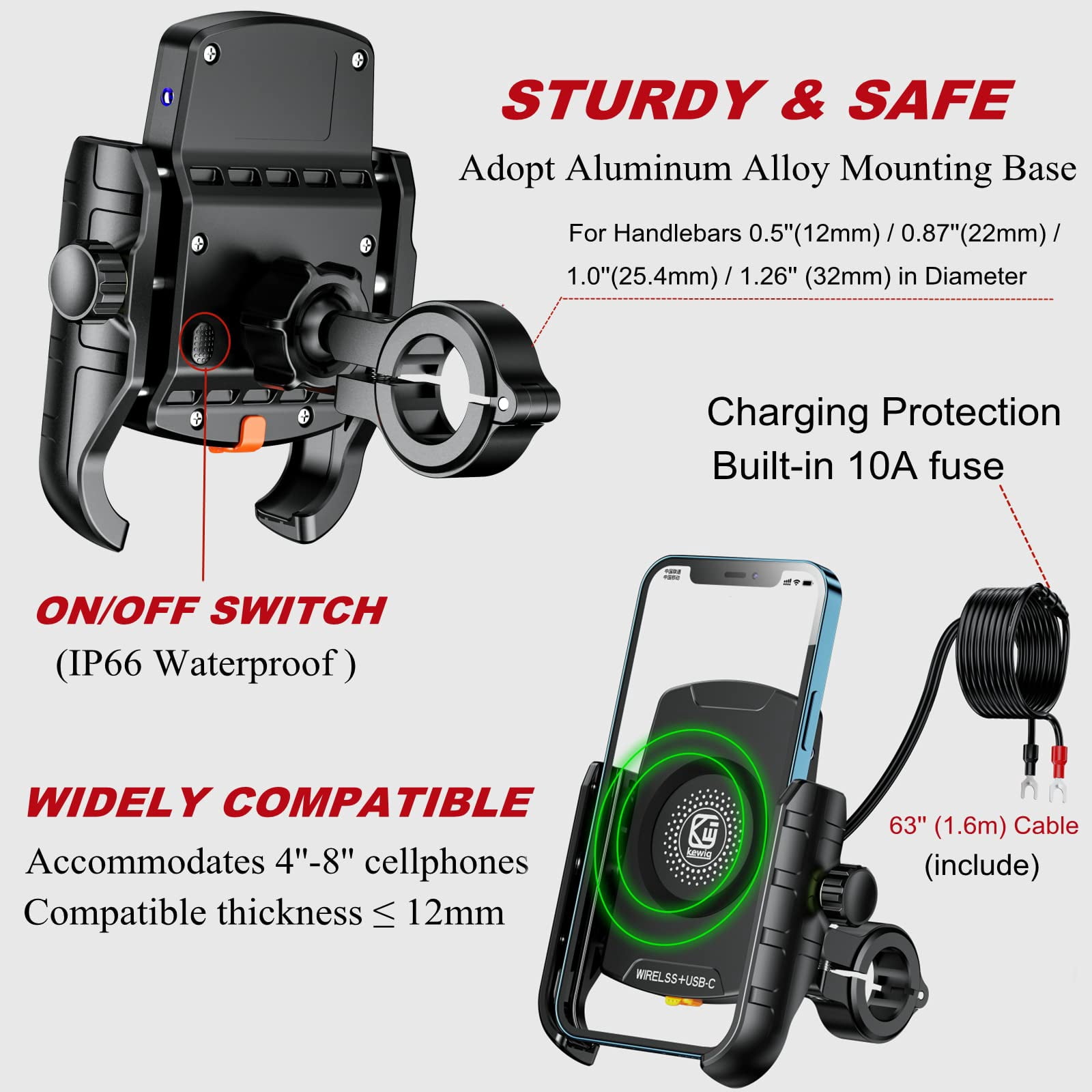 FU1999 Motorcycle Phone Mount with Qi 15W Wireless Charger & USB C 20W Fast Charging Port, Waterproof Motorcycle Cellphone Holder Cradle with Aluminum Alloy Handlebar Mounting Base for 4"-8" Phones