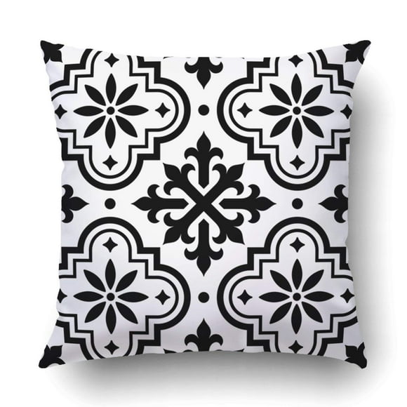 RYLABLUE Spanish tile pattern Moroccan tiles design black and white Azulejo Pillowcase Throw Pillow Cover Case 16x16 inches