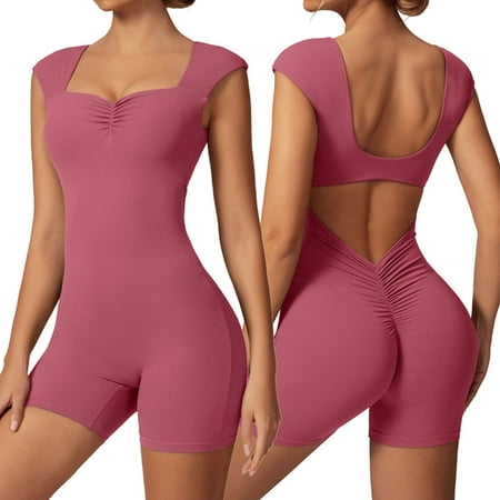 Women s Backless Workout Jumpsuits - V Back  Scrunch Yoga Shorts Romper - Built-in Bra  Squat-proof  Versatile for Different Occasions