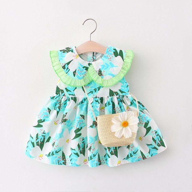 DPTALR Robe pour Tout-Petites Filles Bébé Imprimée Robe Bébé Sans Manches Débardeur Robe Mignonne Col Claudine Robe Princesse + Sac Cartable