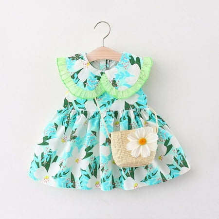 

Dopebox Toddler Baby Girls Dress Print Baby Sleeveless Tank Top Dress Cute Doll Collar Princess Dress + Satchel
