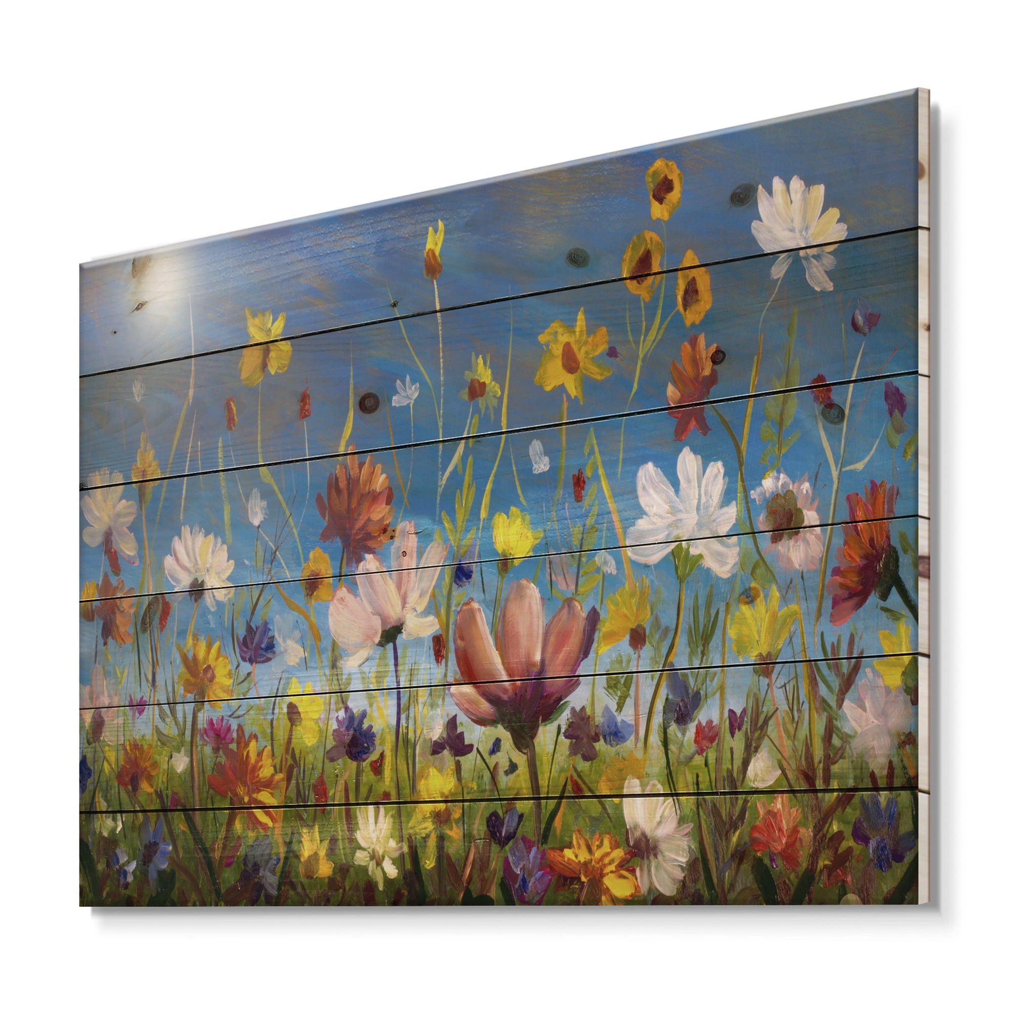 Designart 'Wildflowers and Daisies In Summer Garden Field II' Traditional Print on Natural Pine Wood