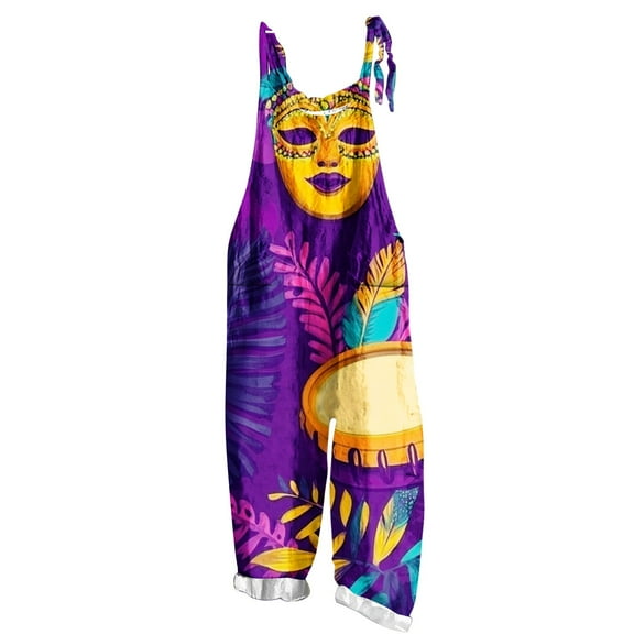 Moxiu Mardi Gras Overalls Women Spring Summer Adjustable Straps Casual Loose Fit Overalls Carnival Printed Beach Romper Pant 2025 Multicolor,XXXXL