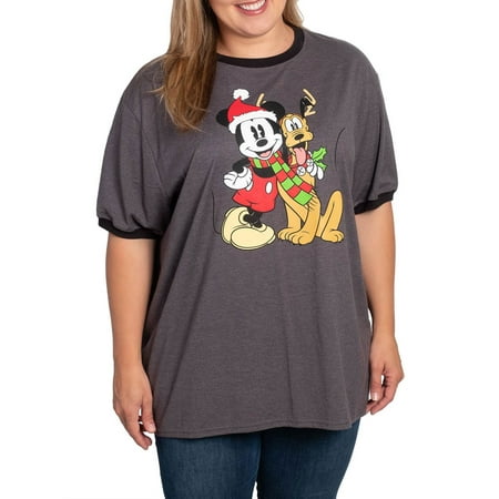 Plutos Christmas Disney Mickey Mouse Christmas Ringer T-Shirt Mickey Pluto Gray (Women’s Plus) ()