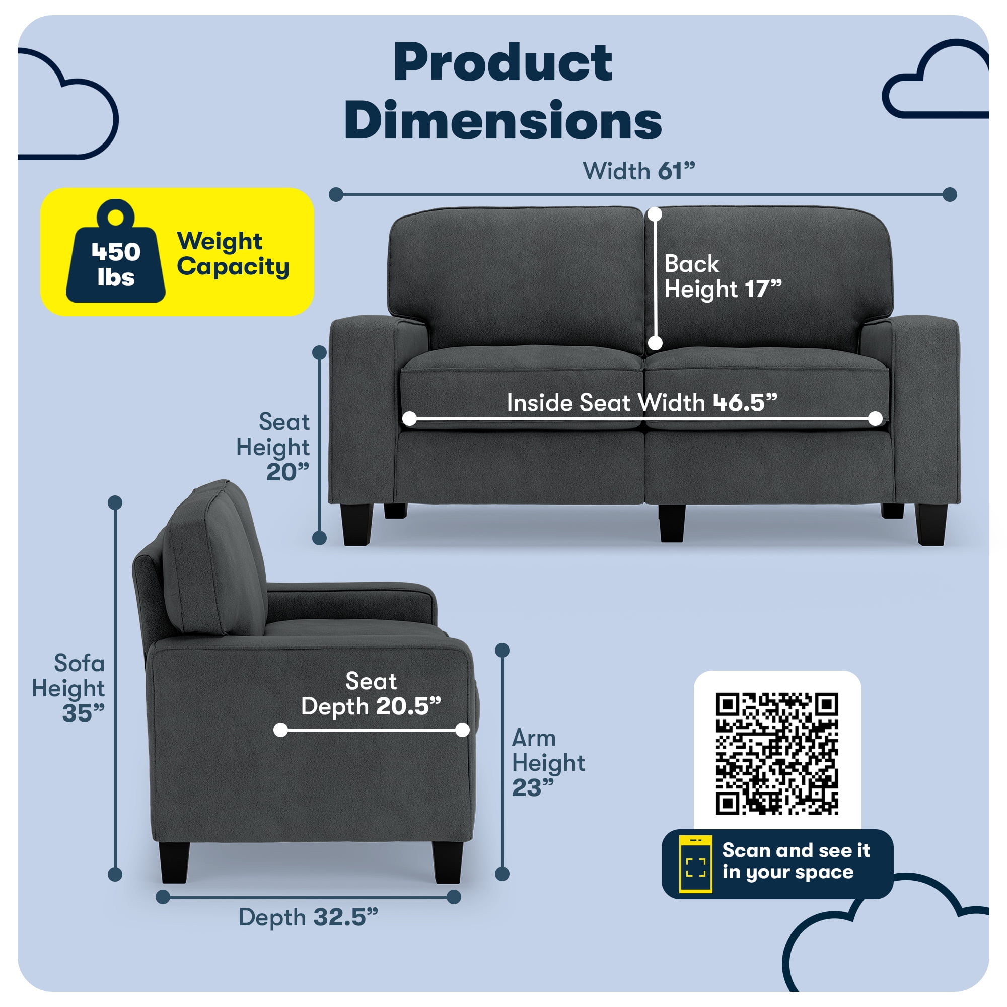 Serta Palisades 61" Track Arm Sofa, Easy Care Polyester, Loveseat or Couch for Small Spaces, Charcoal