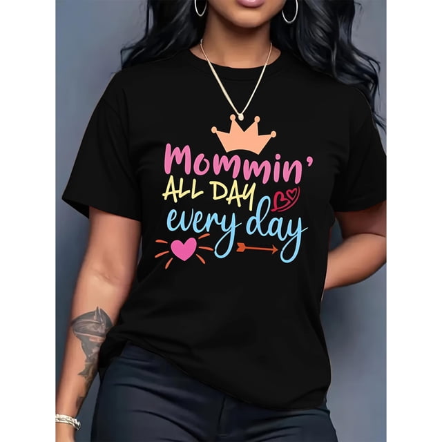 Women's Day Happy Every Day Letter Print Black Women's Casual Fashion Top Round Neck Short Sleeve T-Shirt