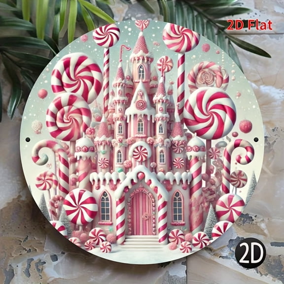[2D Flat] 1pc Vintage Gingerbread House Metal Wall Decoration | Candy Theme Christmas Decoration with Pink and White Lollipops, Mint Sticks - Durable 2D Flat Printed Vintage Holiday Decoration