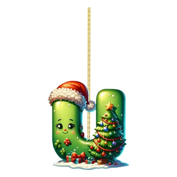 Adorno navideño con letras del alfabeto CLLC, Adornos navideños con letras de la A a la Z, Letras acrílicas verdes 2D con gorro navideño, Letras del alfabeto navideñas colgantes para árbol de Navidad