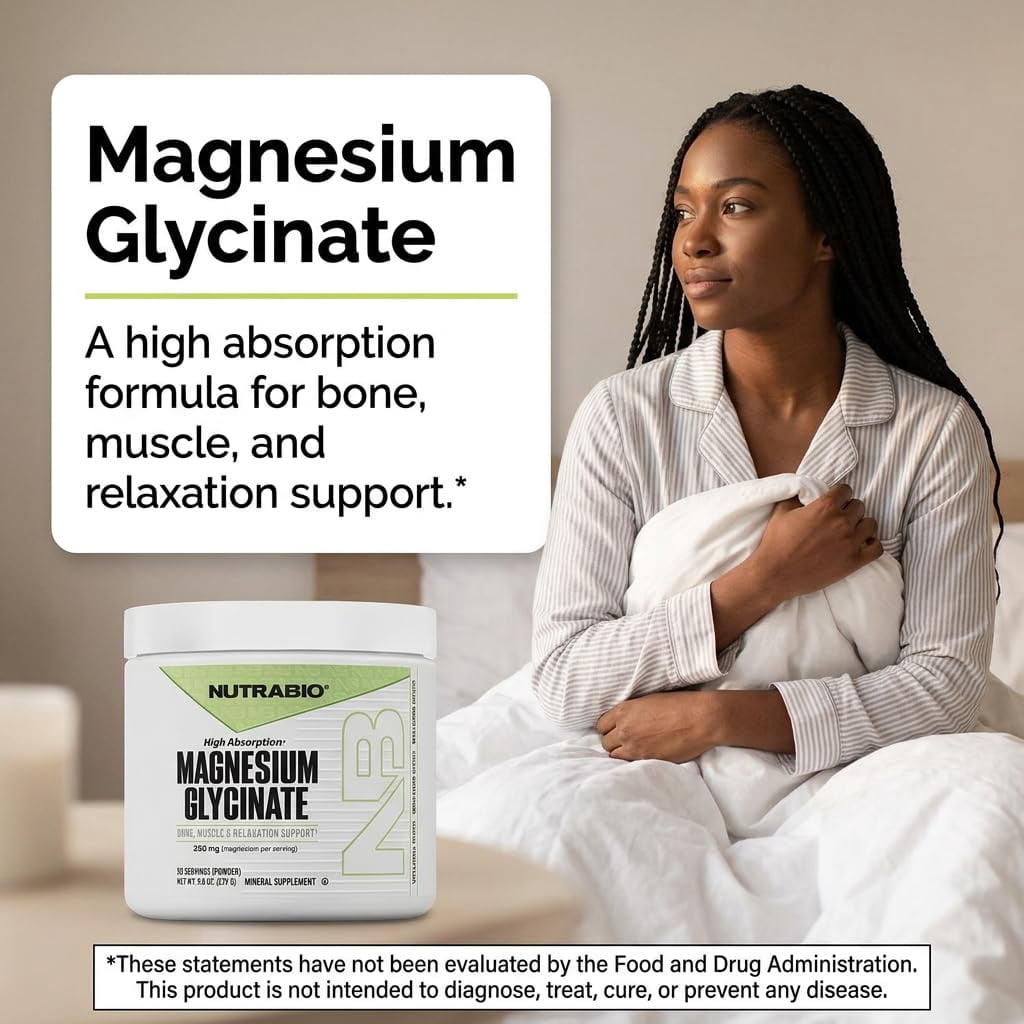 NutraBio- Magnesium Glycinate Powder- Magnesium Powder for Sleep- Sleep Supplement, Supports Relaxation, Heart Health, and Metabolism- 350 mg- Unflavored Magnesium Glycinate Drink Mix- 50 Servings