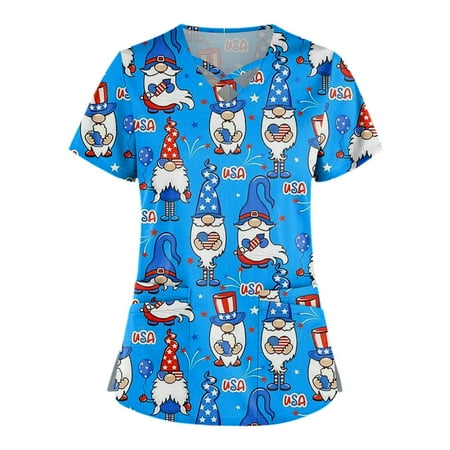 

HIMIWAY Summer Hot Shirts for Women Plus Size Cute Printed Scrub Working Uniform Tops For Women Cross V-Neck Short Sleeve Fun T-Shirts Workwear Tee With Pockets
