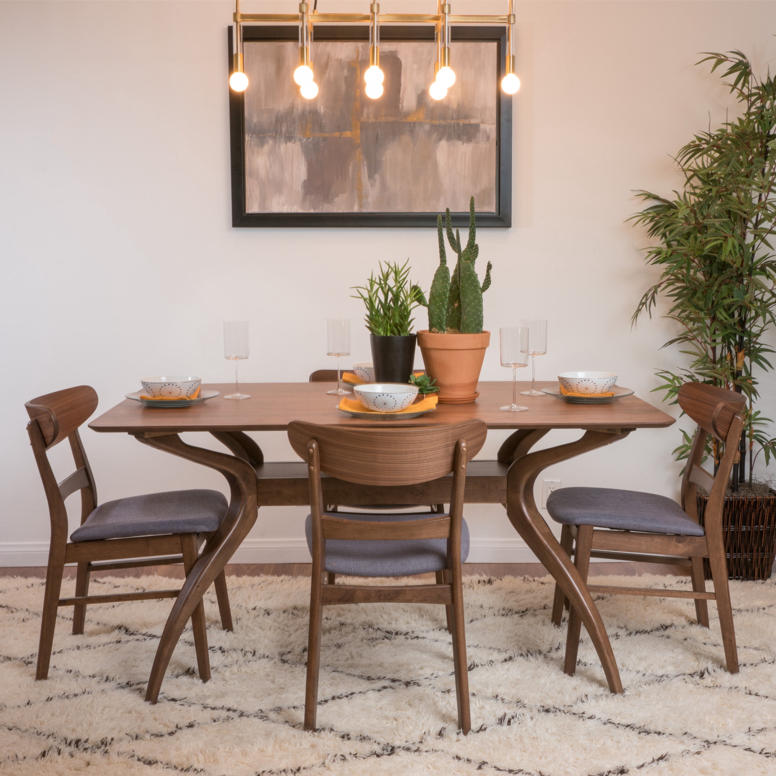 Bellamy Studios Lydia Mid-Century Modern 5 Piece Dining Set, Dark Gray and Natural Walnut