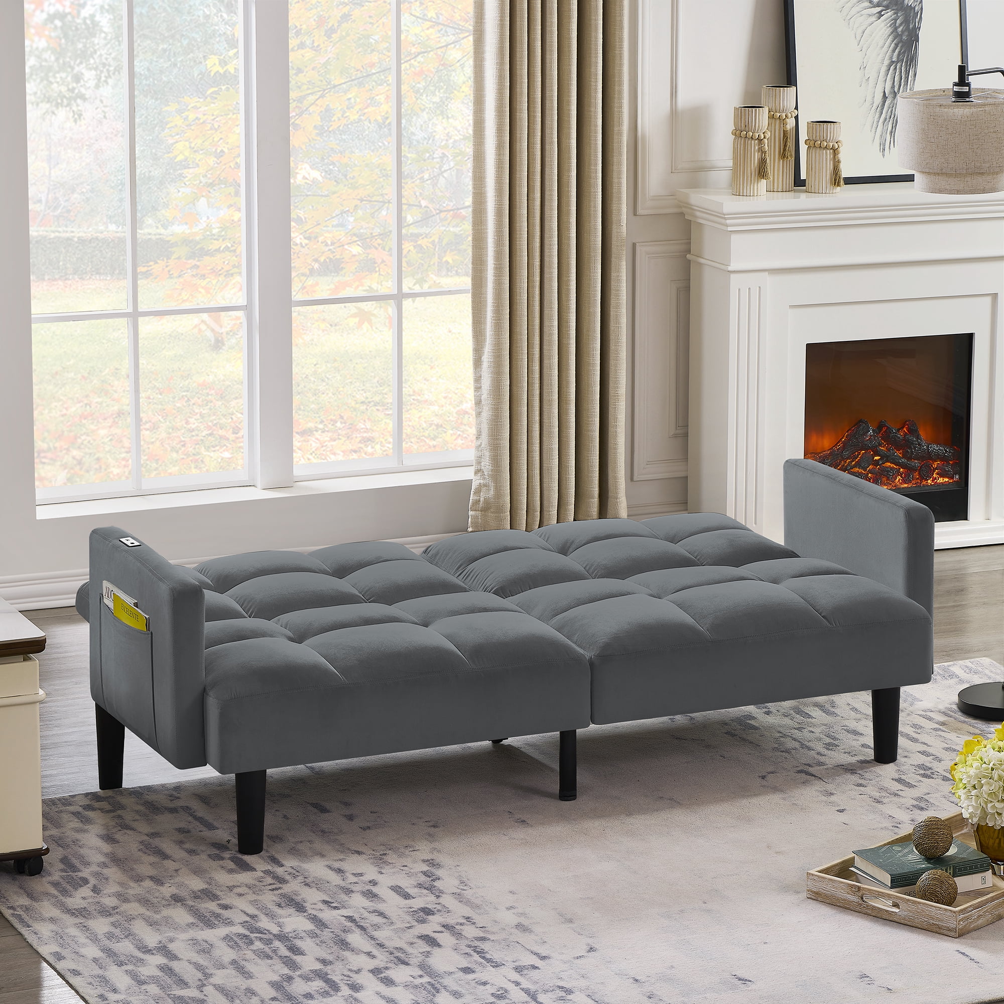 Gewnee Futon Sofa Bed, 2-Seat Velvet Convertible Couch with Position Adjustable Back, Ideal for Small Apartments, Living Rooms, Guest Bedrooms & Dorm Rooms，Gray
