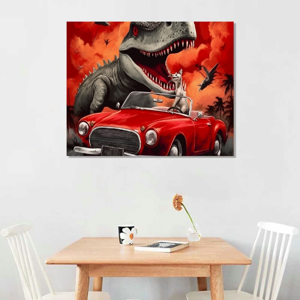 JRXY  Dinosaur Decor Funny Paintings For Boys Kids Room Wall Decorations Funny T-rex Driving Red Car Painting Pictures Canvas Prints 20x16in