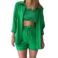 thumbnail image 1 of Women's Solid Spring Collar Long Sleeve Shirt High Waist Drawstring Shorts Large Fashion Casual Set, 1 of 5