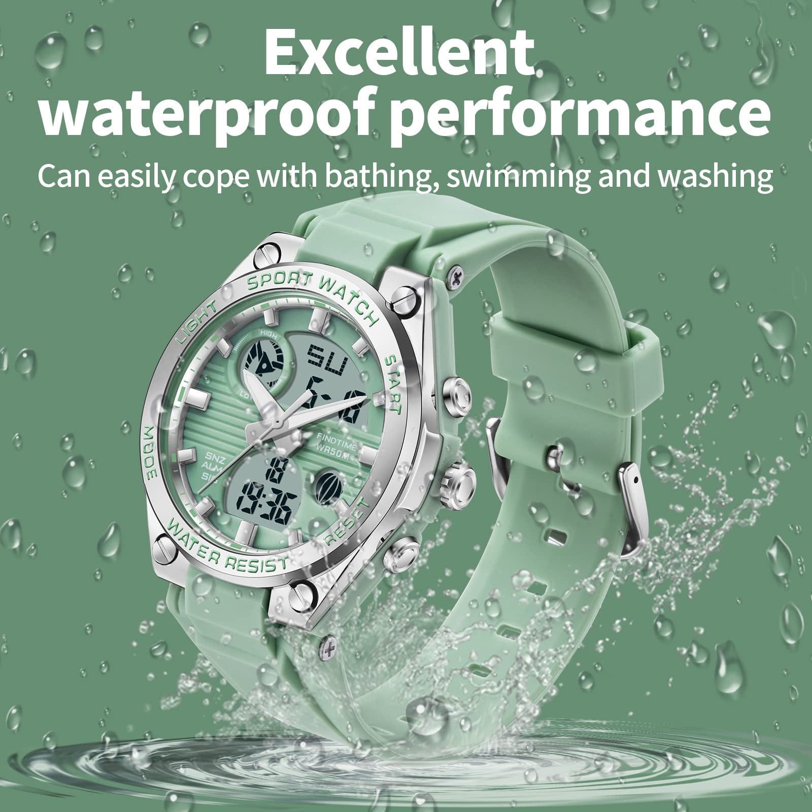 Findtime Ladies Sport Digital Watches Wrist Watch for Women with Waterproof Dual Time Date Luminous Back Light Week Alarm Stopwatch Count Down White Black Blue Green