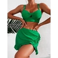 thumbnail image 2 of Ladies Green Solid Color Waist and Backless Three-piece Bikini Swimsuit, Including Hip Skirt, Beach Skirt and Hot Spring Swimsuit, 2 of 10