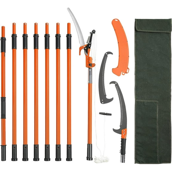 YNXGR Manual Pole Saw, 7.3-27 ft Extendable Tree Pruner, Sharp Steel Blade and Scissors High Branches Trimming, Branch Trimmer with Lightweight 8 Fiberglass Handles, for Pruning Palms and Shrubs