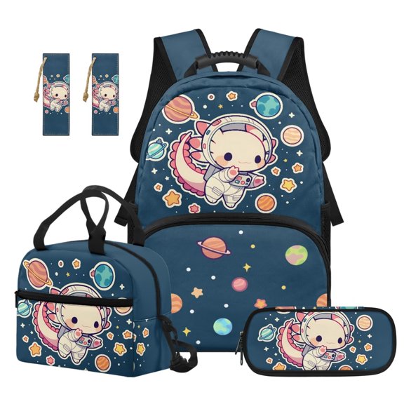 Jeiento 4 Piece Backpack and Lunch Box Set for Elementary School Boys Girls 17 Inch Space Axolotl Bookbag with Lunch Bag, Pencil Case, Bookmark for Back to School