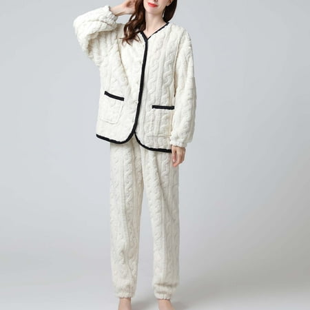 

Wyongtao Cozy Couples Women Button Warm Winter Flannel Pajamas Set Long Sleeve Long Pant