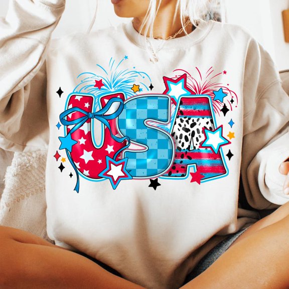 Coquette USA Sweatshirt, Retro America Shirt, 4th of July Sublimation Design, USA Checkered Shirt, Patriotic USA Sweatshirt