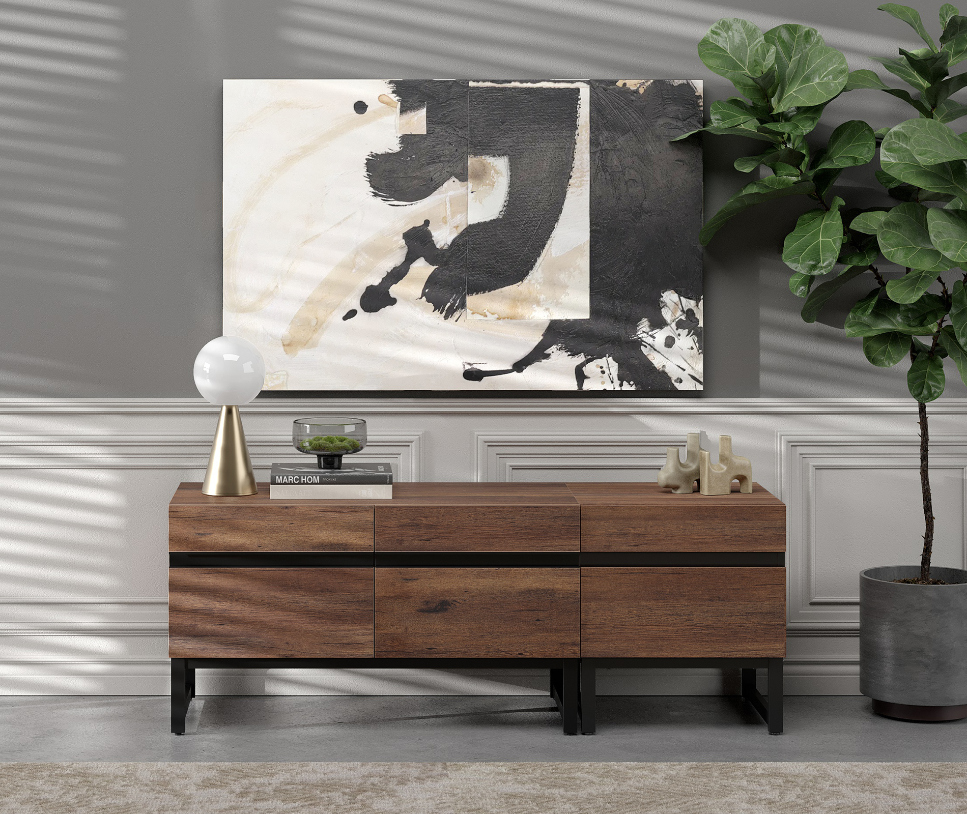 WAMPAT Modern TV Stand, 2-in-1 Entertainment Center with Storage Cabinets & Metal Base, 53" Brown, Fits TVs Up to 50"