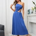 thumbnail image 6 of Bigersell Plus Size Dress Sleeveless Elastic Waist Fashion Women Casual Solid One-Shoulder Sleeveless Backless Belt Long Dress Plus Wrap Dress Style 4173, Female Cropped Dresses Blue L, 6 of 8