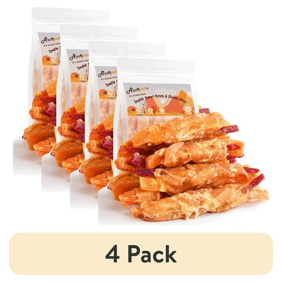 (4 pack) ASMPET Healthy Natural Soft Chew Dog Treats with Chicken and Double Sweet Potato, Dietary Fiber, 11 oz