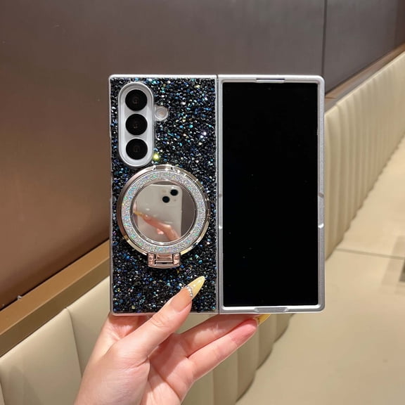 For Samsung Galaxy Z Fold 7 Phone Case,Luxury Cute Bling Sparkle Shiny Bling Glitter Diamond Back,With Make-up Mirror,Contractile Ring Kickstand,Shockproof Anti-Scratch Phone Case,Black