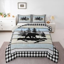Castle Fairy Woodland Wildlife Bear 3 Pieces Queen Comforter Set for Female Men Women,Rustic Cabin Cottage Ultra Soft Bedding Sets,Geometric Plaid Grid Bedding Comforter Set Breathable