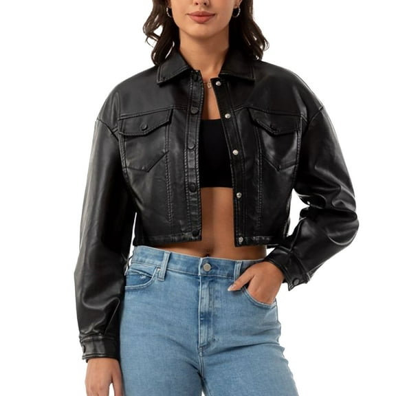 SWSMCLT Women's Faux Leather Jacket Motorcycle Vintage Pockets Button Up Crop Fashion Fall Coat Loose Streetwear Short Soft Moto Jackets Black 4