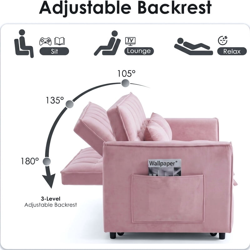 Gewnee 55" Sofa Bed, Convertible Sleeper Sofa & Pull Out Couch, 3-in-1 Velvet Loveseat with Adjustable Backrest and Storage Pocket, Pink