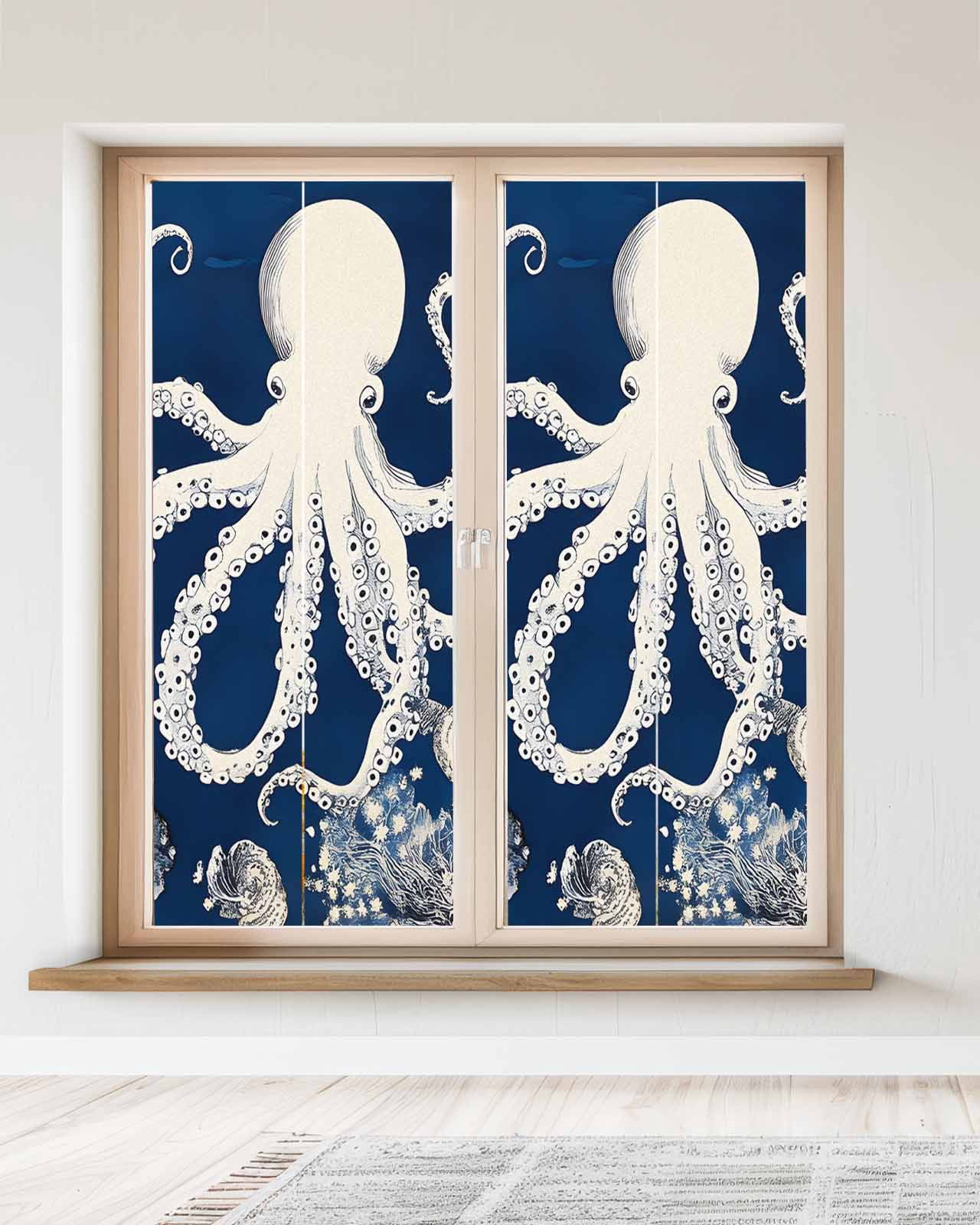 Window Privacy Film Beige Octopus Coastal Stained Glass Window Film Decorative Sun Block Window Cover Navy Blue Nautical Ocean Coral Window Clings Static Adhesive Sticker for Bathroom 23.6"x59"