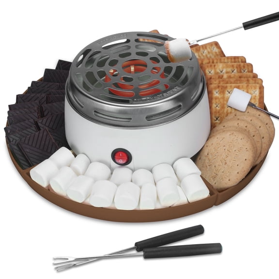 Mailand Smores Maker Tabletop Indoor Kit, Electric S'mores Maker & Marshmallow Roaster, Smores Station with 4 Compartment Trays & 4 Forks, 300W, Brown