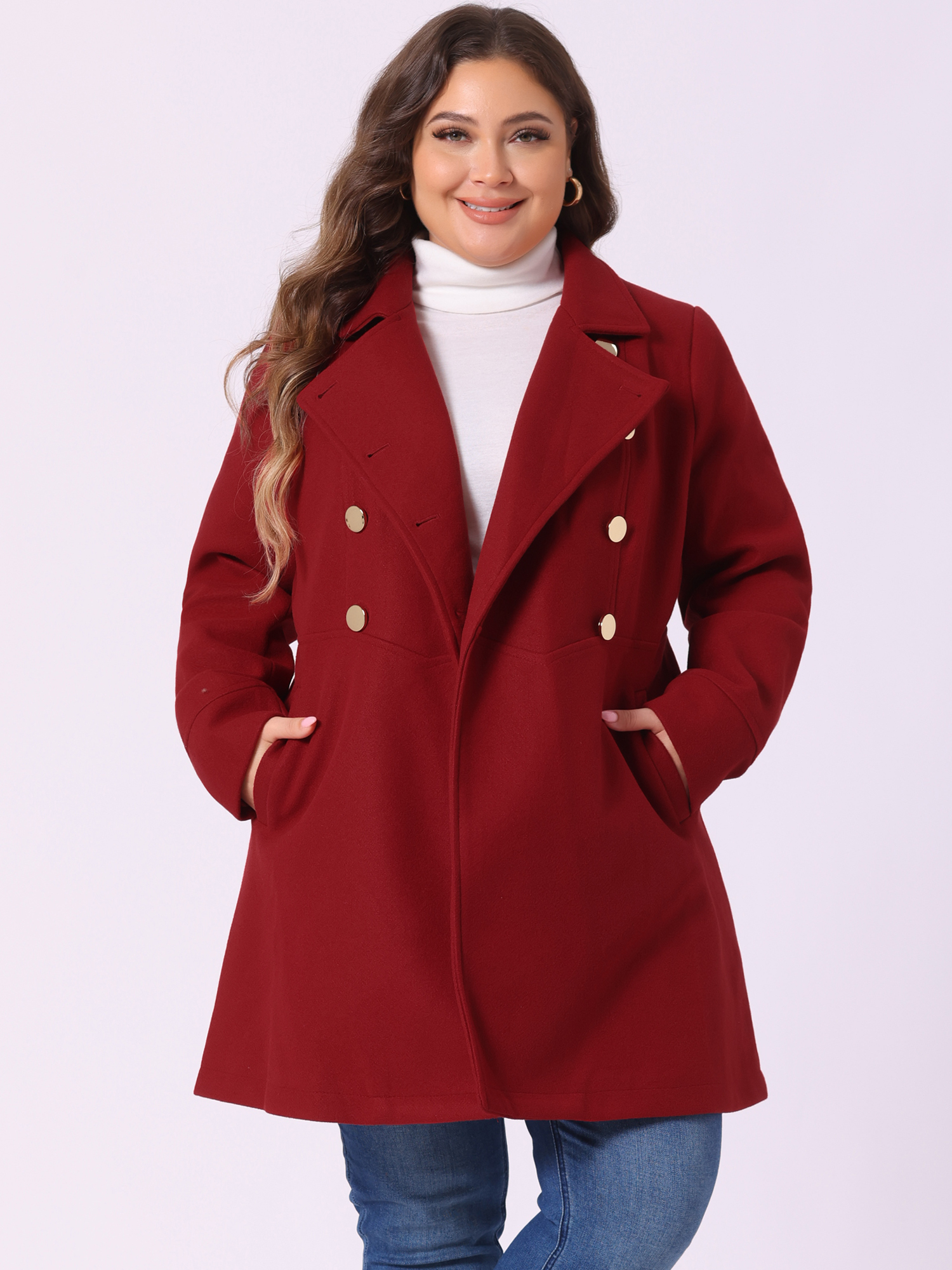 DARING DIVA Women's Plus Size Turn Down Collar Double Breasted A Line Coat 4X Dark Red