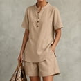 thumbnail image 4 of Arlun Womens Linen 2 Piece Sets Neck Button up Short Sleeve Shirts and Wide Leg Shorts Set Summer Relaxed Fit Casual Two Piece Outfits Solid Color Matching Set Daily Wear Khaki XL, 4 of 5
