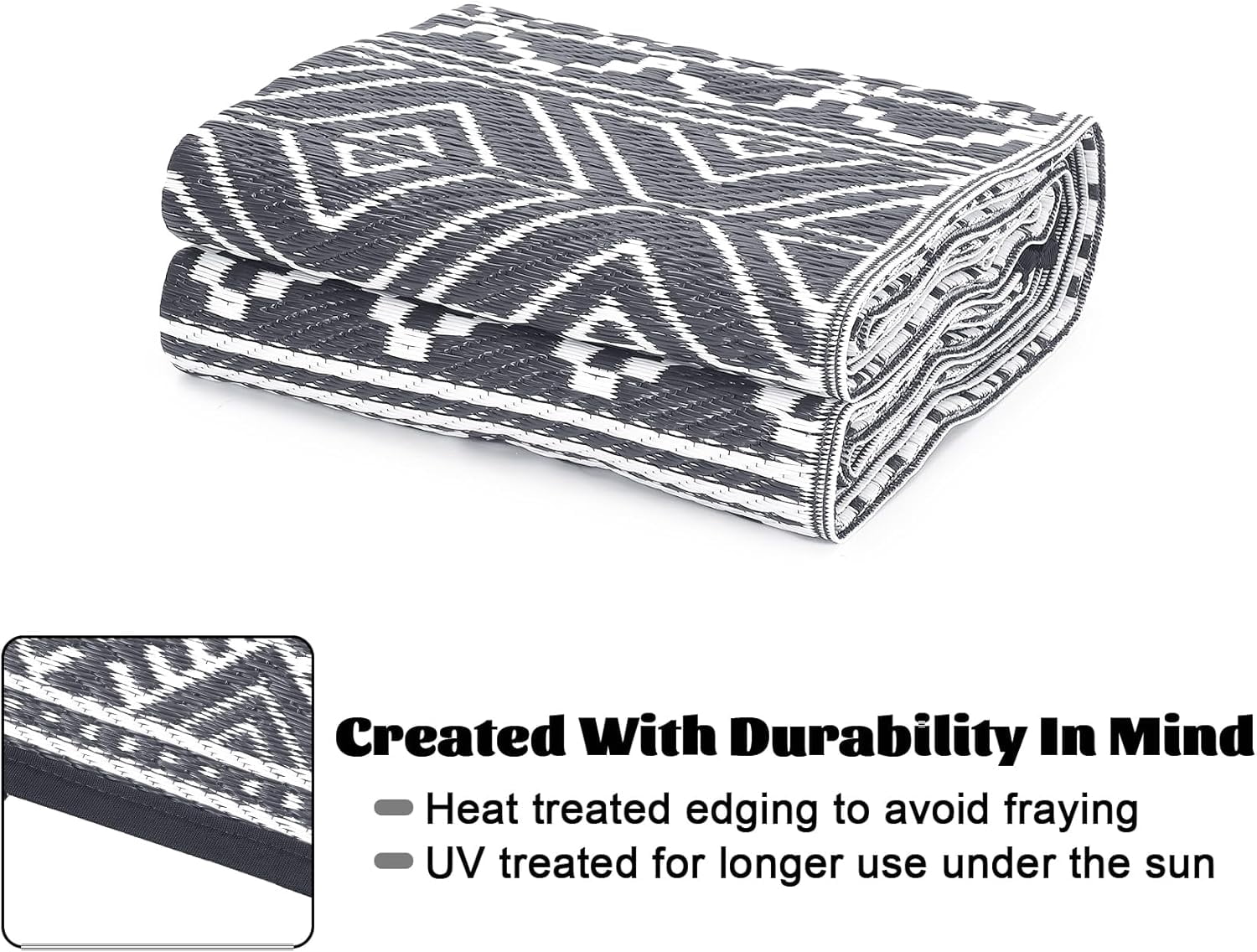 Twister.CK 5' x 8' Plastic Outdoor Rugs, Waterproof Bohemia Straw Rug Reversible Outside Carpet for Patio Deck Porch Backyard Camping Picnic Beach, Black & White