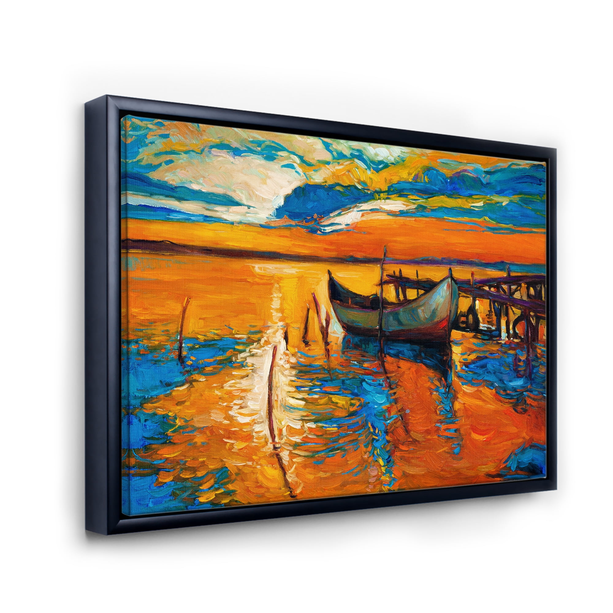 Designart 'Boat At The Lake During Evening Glow VII' Nautical & Coastal Framed Canvas Wall Art Print
