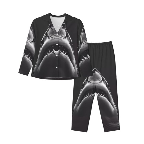 Balery Black And White Shark Conjunto de Pijama con Estampado para Mujer, Conjunto de Dos Piezas con Manga Larga, Ropa de Dormir Suave con Bolsillos, Pijamas Cómodos-XX-Large
