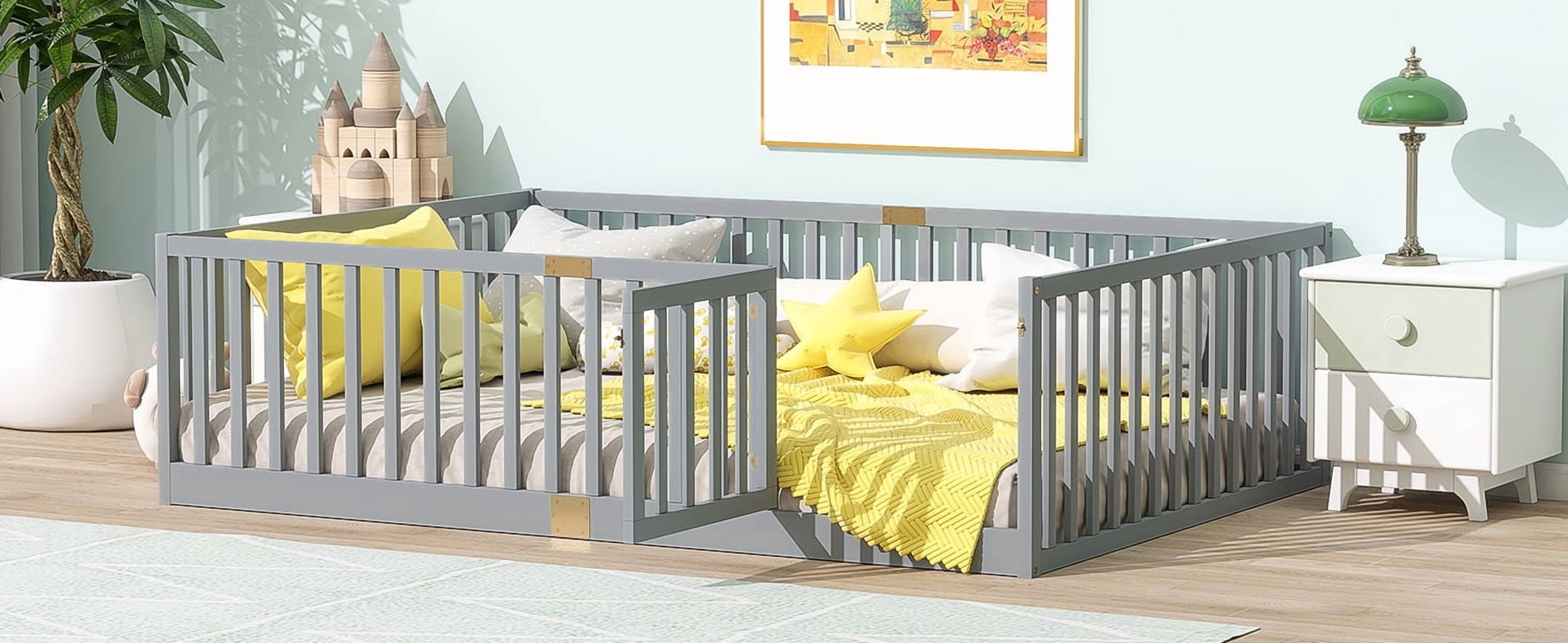 Rubber Wood Full Size Kids Floor Bed with Full High Safety Fence & Access Door, 6 Reinforced Wood Slats Platform Bed No Box Spring Needed for Compact Bedroom