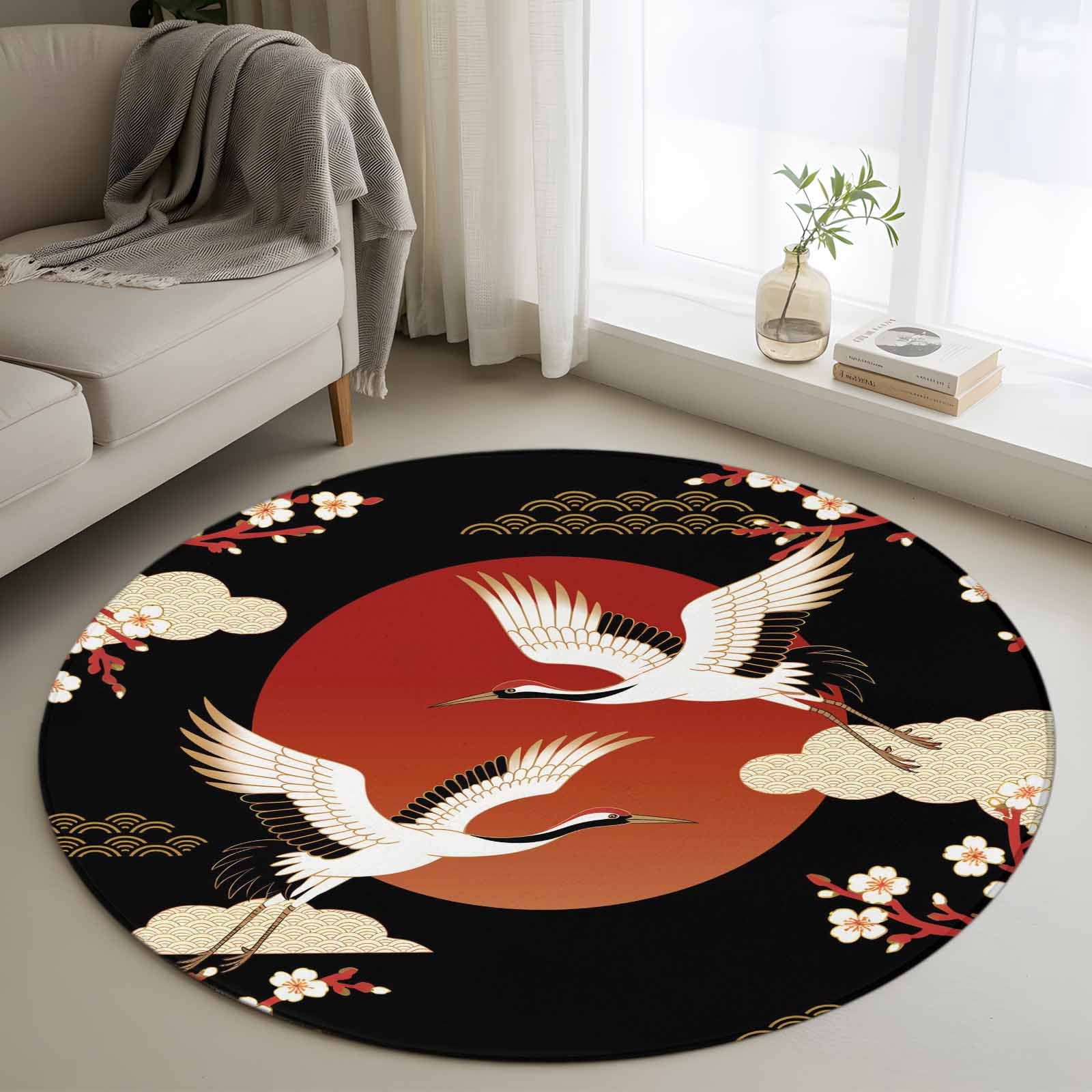 Japanese Style Round Area Rugs Collection 3.3', Modern Cranes Cherry Flower Wave Red Brown Non Slip Indoor Circular Throw Runner Rug Floor Mat Carpet for Living Room Dining Table Bedroom Nursery